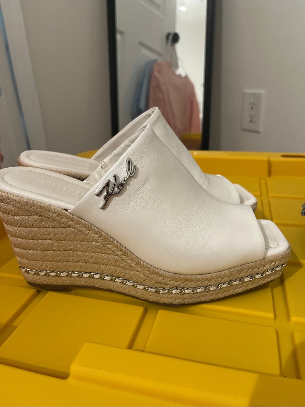 Karl Lagerfeld White Leather Espadrille Wedge Mules with Signature Logo